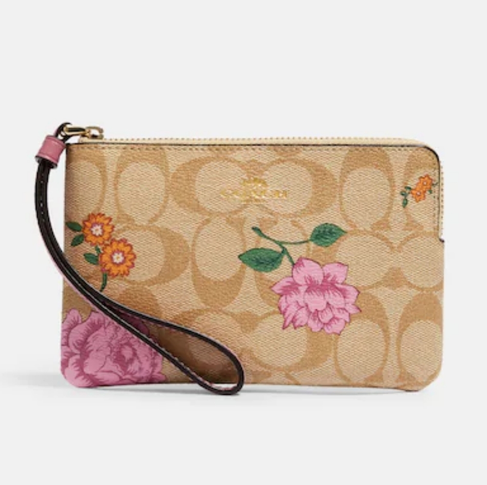 🌹🌹NWT COACH Corner Zip Wristlet In Signature Canvas With Prairie Rose Print🌹